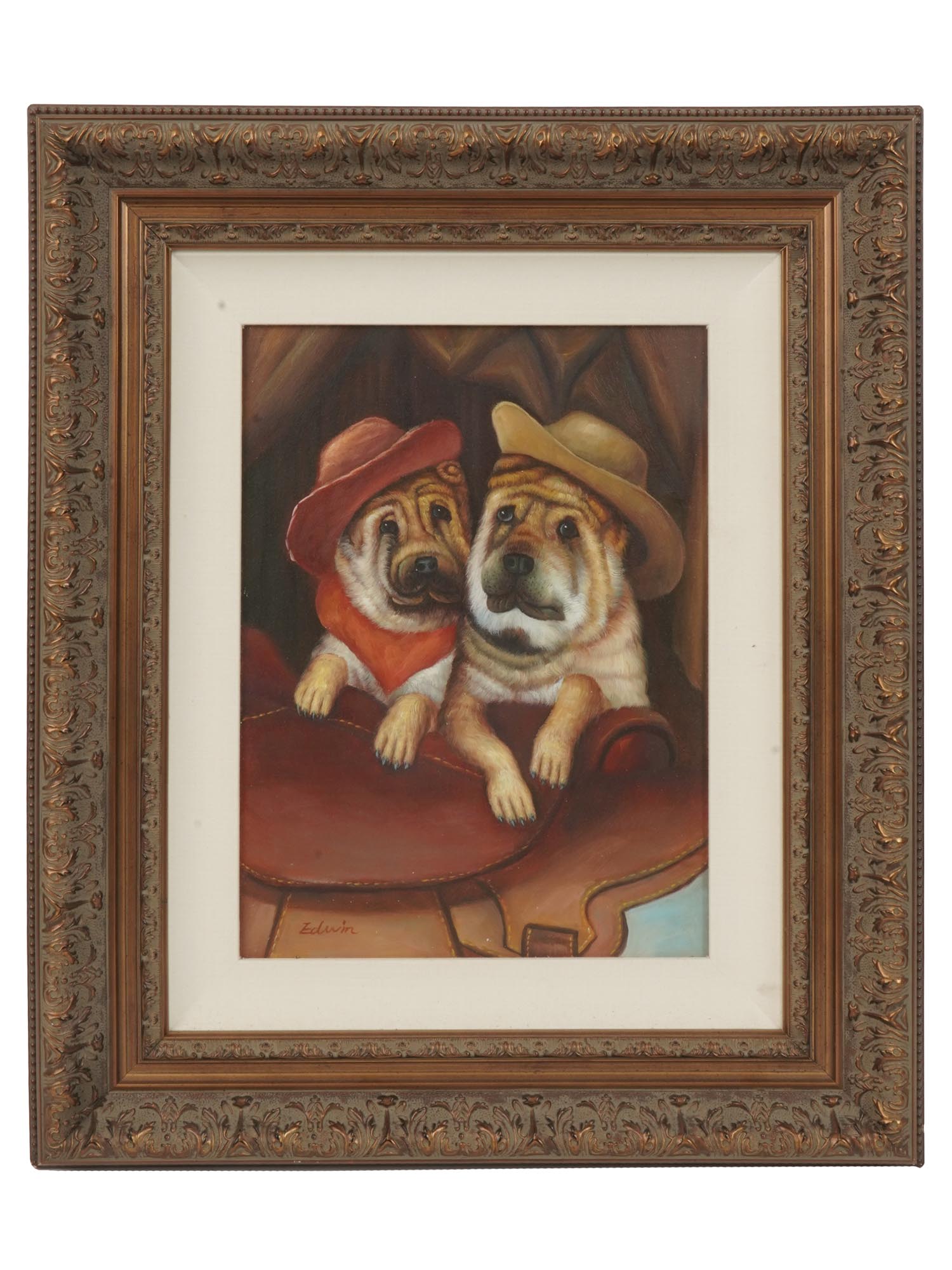 TWO DOGS IN COWBOY HATS OIL PAINTING SIGNED EDWIN PIC-0